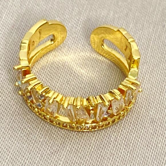 Gold Tone Ring With Angled Rhinestone Chips Open Ended Adjustable - Picture 3 of 8